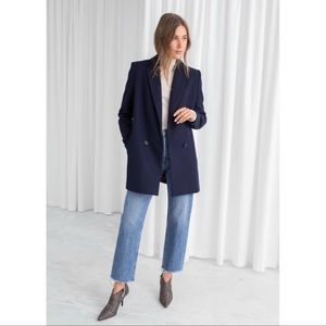 & Other Stories Navy Wool Double Breasted Herringbone Blazer